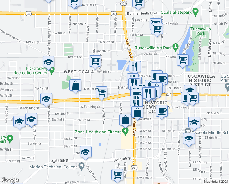 map of restaurants, bars, coffee shops, grocery stores, and more near 519 West Silver Springs Place in Ocala