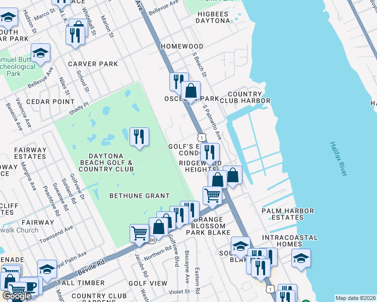 map of restaurants, bars, coffee shops, grocery stores, and more near 329 Wilder Boulevard in Daytona Beach