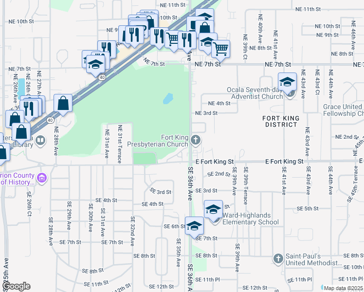 map of restaurants, bars, coffee shops, grocery stores, and more near 3525 East Fort King Street in Ocala