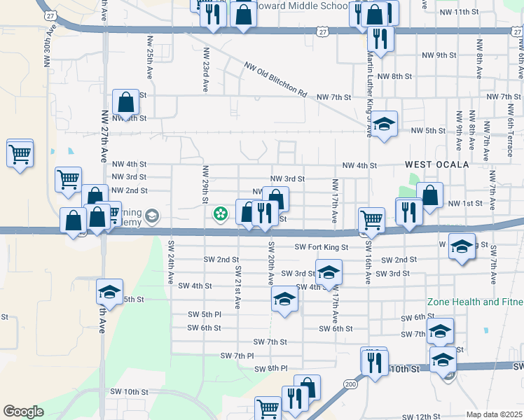map of restaurants, bars, coffee shops, grocery stores, and more near 2023 Southwest 1st Street in Ocala