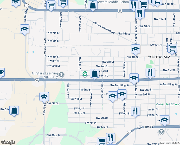 map of restaurants, bars, coffee shops, grocery stores, and more near 2119 Southwest 1st Street in Ocala