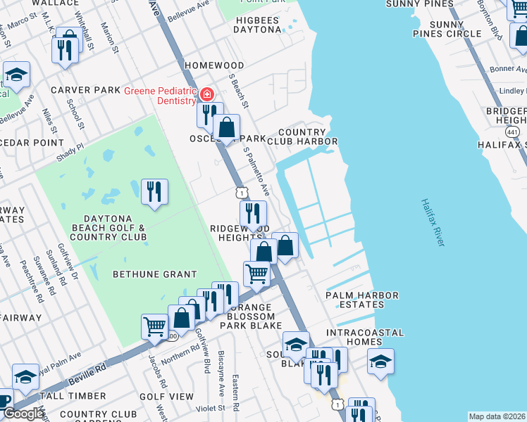 map of restaurants, bars, coffee shops, grocery stores, and more near 1351 South Ridgewood Avenue in Daytona Beach