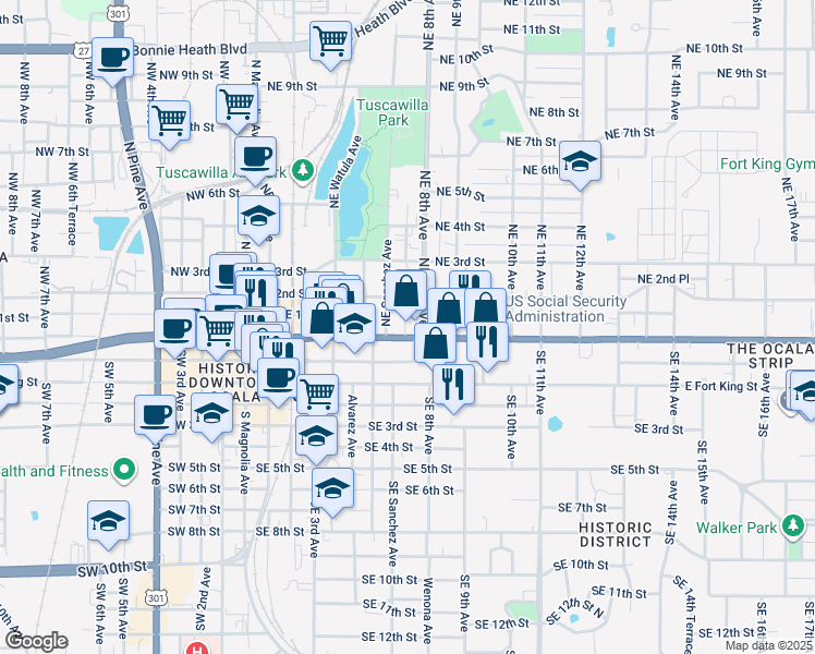map of restaurants, bars, coffee shops, grocery stores, and more near 719 East Silver Springs Boulevard in Ocala