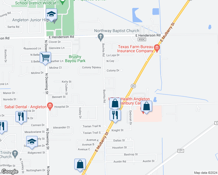 map of restaurants, bars, coffee shops, grocery stores, and more near 1300 Buchta Road in Angleton