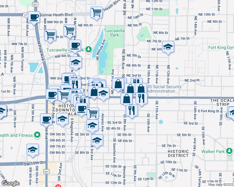 map of restaurants, bars, coffee shops, grocery stores, and more near 719 East Silver Springs Boulevard in Ocala