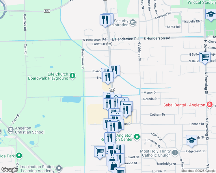map of restaurants, bars, coffee shops, grocery stores, and more near in Angleton