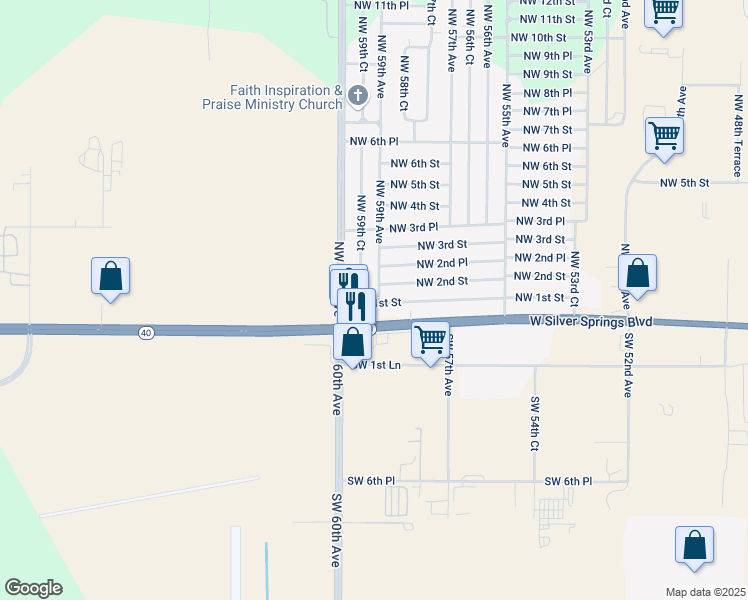 map of restaurants, bars, coffee shops, grocery stores, and more near 5861 Highway 40 in Ocala