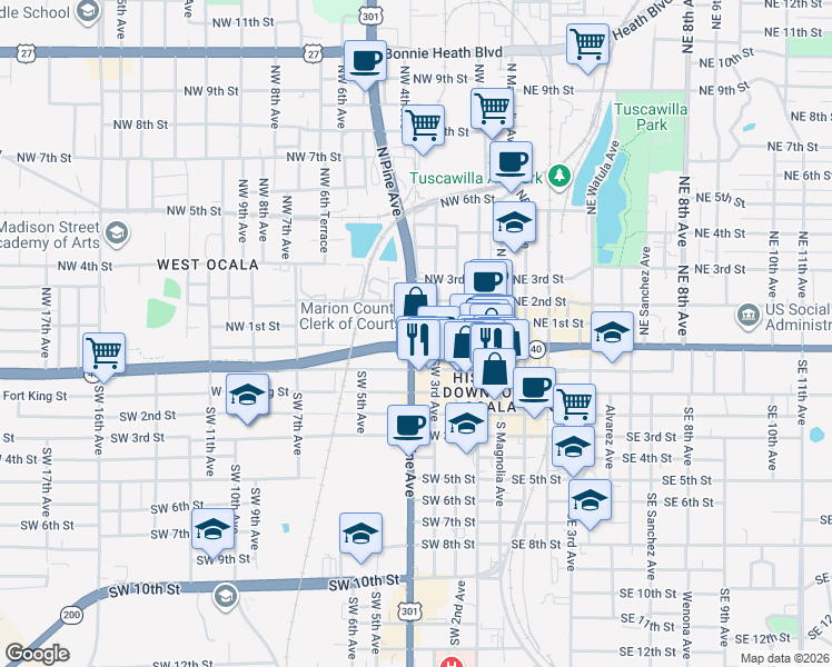 map of restaurants, bars, coffee shops, grocery stores, and more near 19 North Pine Avenue in Ocala