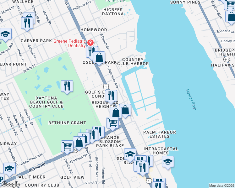 map of restaurants, bars, coffee shops, grocery stores, and more near 1350 South Palmetto Avenue in Daytona Beach