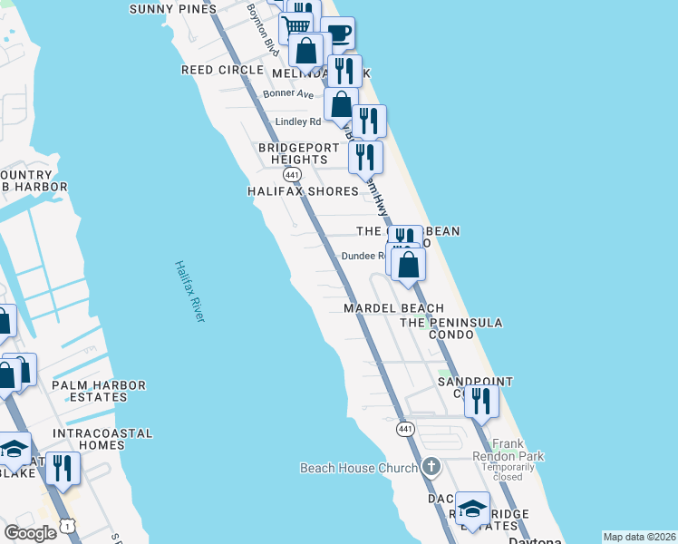 map of restaurants, bars, coffee shops, grocery stores, and more near 2 Homan Terrace in Daytona Beach