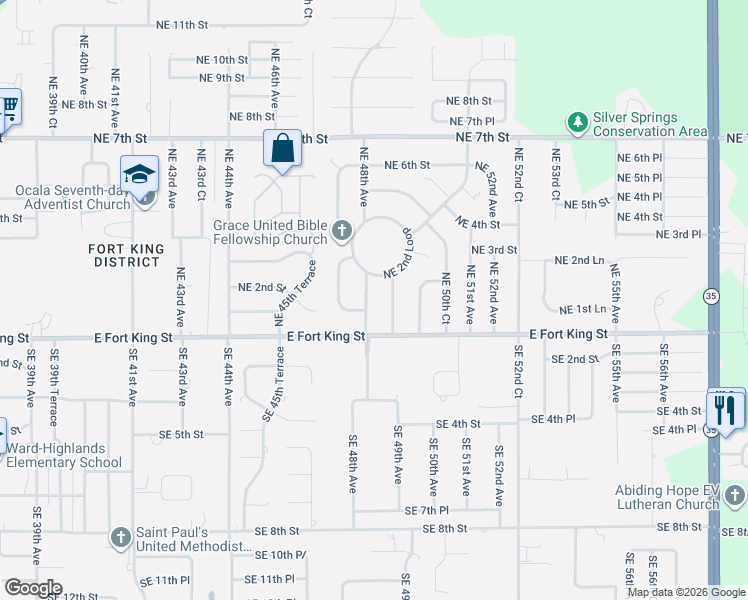 map of restaurants, bars, coffee shops, grocery stores, and more near 21 Northeast 48th Avenue in Ocala
