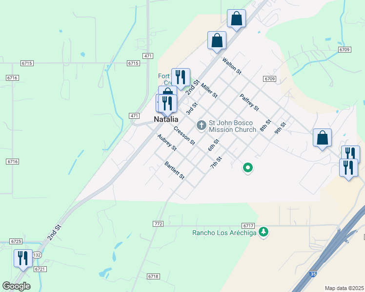 map of restaurants, bars, coffee shops, grocery stores, and more near 609 5th Street in Natalia