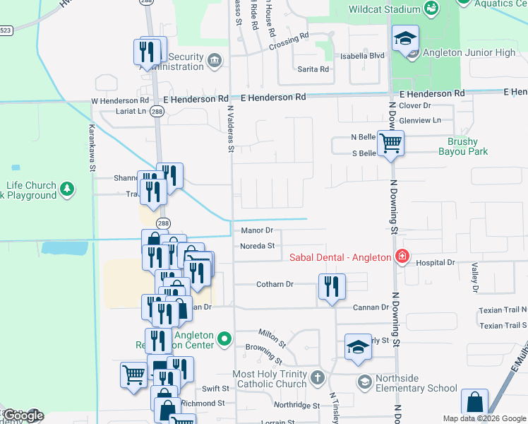 map of restaurants, bars, coffee shops, grocery stores, and more near 701 Manor Drive in Angleton