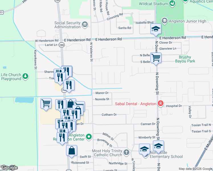map of restaurants, bars, coffee shops, grocery stores, and more near 701 Manor Drive in Angleton