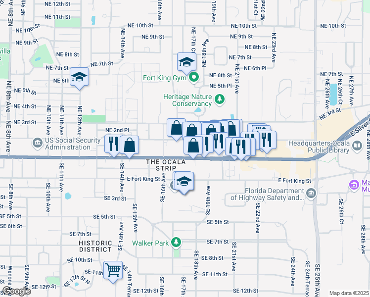 map of restaurants, bars, coffee shops, grocery stores, and more near 1729 East Silver Springs Boulevard in Ocala