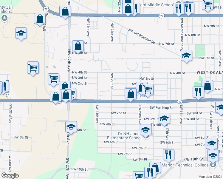 map of restaurants, bars, coffee shops, grocery stores, and more near 2211 Southwest 1st Street in Ocala