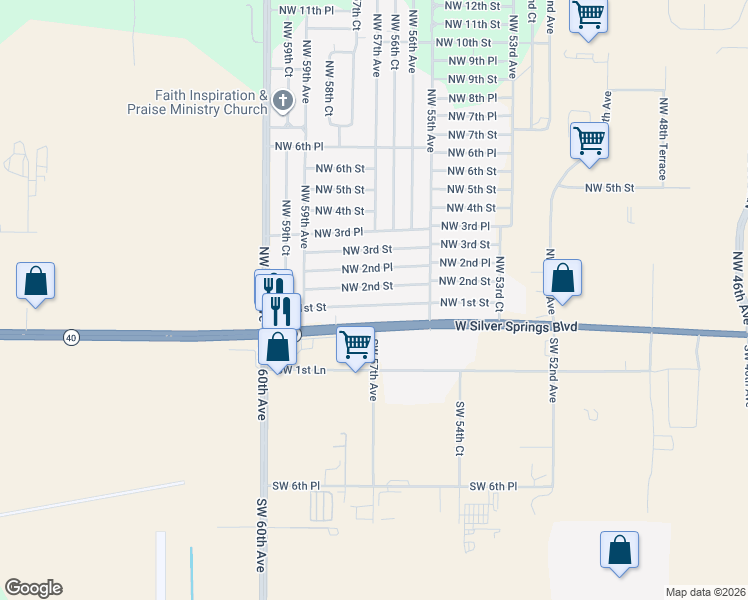 map of restaurants, bars, coffee shops, grocery stores, and more near 5675-5685 West Silver Springs Boulevard in Ocala