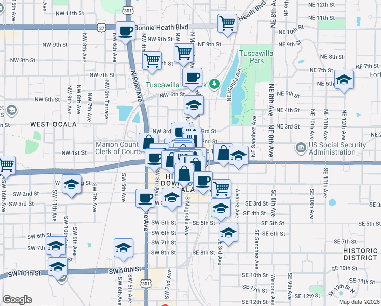 map of restaurants, bars, coffee shops, grocery stores, and more near in Ocala