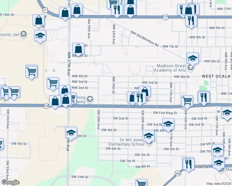 map of restaurants, bars, coffee shops, grocery stores, and more near 2251 Northwest 2nd Street in Ocala
