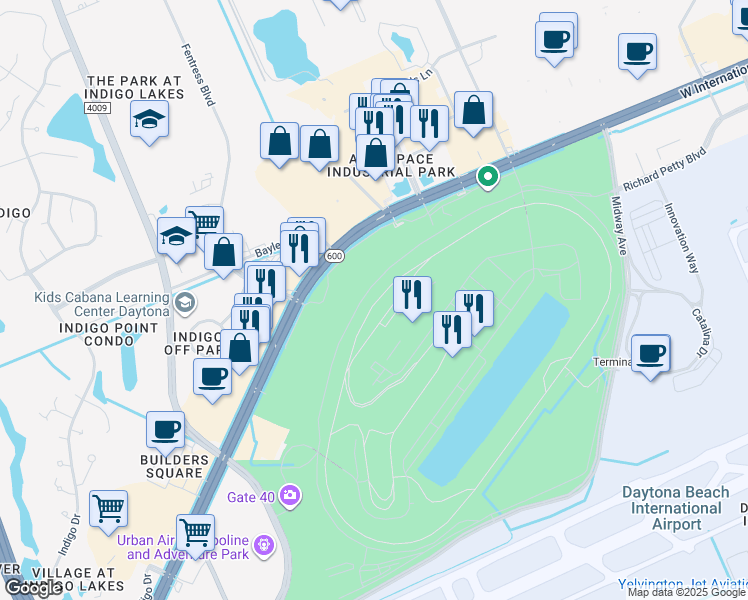 map of restaurants, bars, coffee shops, grocery stores, and more near 1801 West International Speedway Boulevard in Daytona Beach