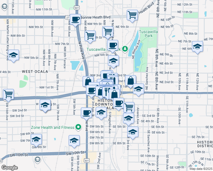 map of restaurants, bars, coffee shops, grocery stores, and more near 108 North Magnolia Avenue in Ocala