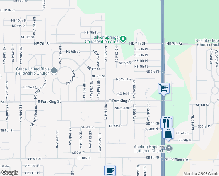map of restaurants, bars, coffee shops, grocery stores, and more near 200 Northeast 52nd Court in Ocala
