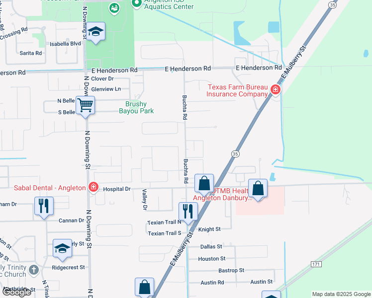 map of restaurants, bars, coffee shops, grocery stores, and more near 1307 Buchta Road in Angleton
