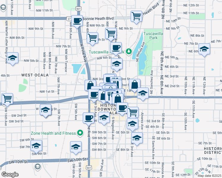 map of restaurants, bars, coffee shops, grocery stores, and more near 108 North Magnolia Avenue in Ocala