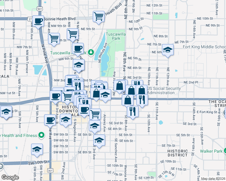 map of restaurants, bars, coffee shops, grocery stores, and more near 711 Northeast 2nd Street in Ocala