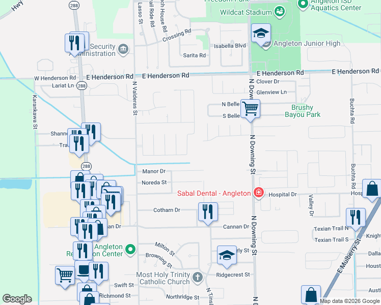 map of restaurants, bars, coffee shops, grocery stores, and more near 800 Greystone Lane in Angleton