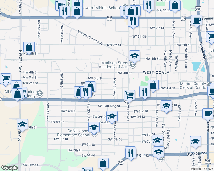 map of restaurants, bars, coffee shops, grocery stores, and more near 214 Northwest 17th Avenue in Ocala
