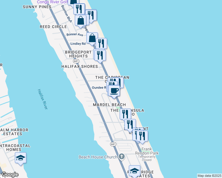 map of restaurants, bars, coffee shops, grocery stores, and more near in Daytona Beach Shores