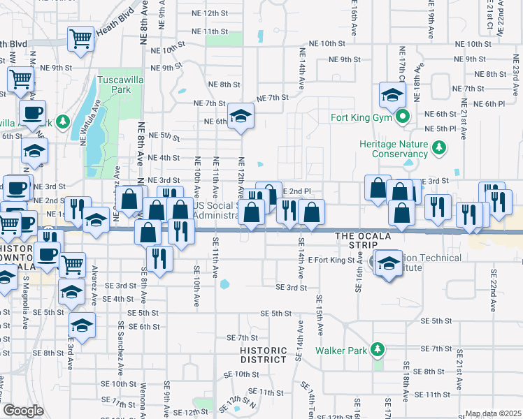map of restaurants, bars, coffee shops, grocery stores, and more near 1251 Northeast 2nd Street in Ocala