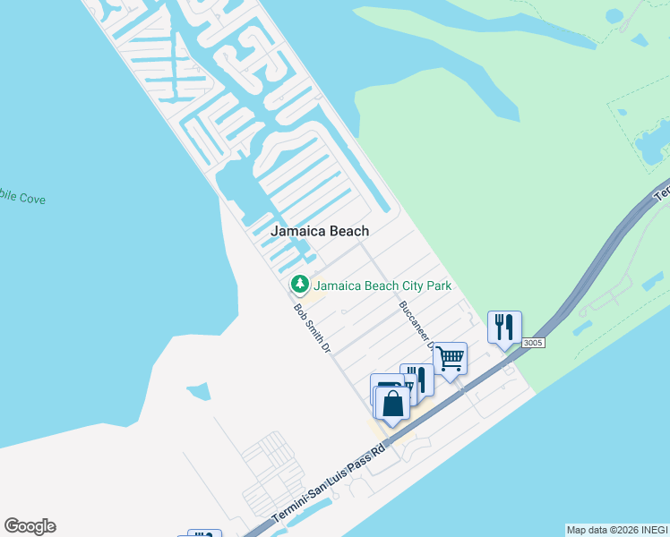 map of restaurants, bars, coffee shops, grocery stores, and more near 16623 Jolly Roger Road in Jamaica Beach