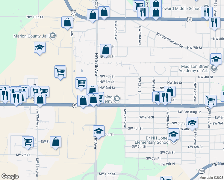 map of restaurants, bars, coffee shops, grocery stores, and more near 2537 Northwest 2nd Street in Ocala
