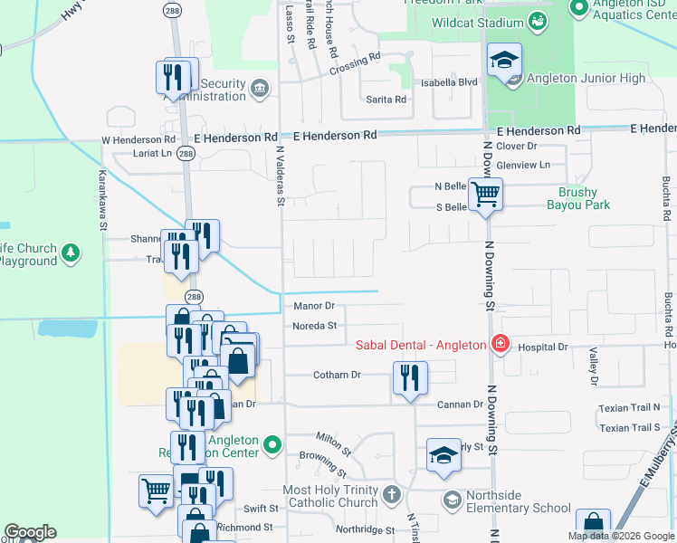 map of restaurants, bars, coffee shops, grocery stores, and more near 636 South Remington Drive in Angleton