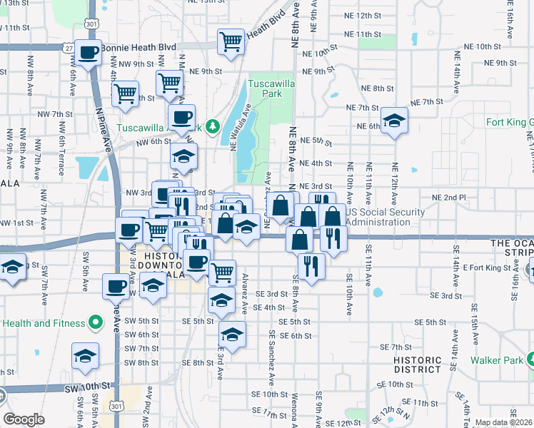 map of restaurants, bars, coffee shops, grocery stores, and more near 110 Northeast 7th Avenue in Ocala