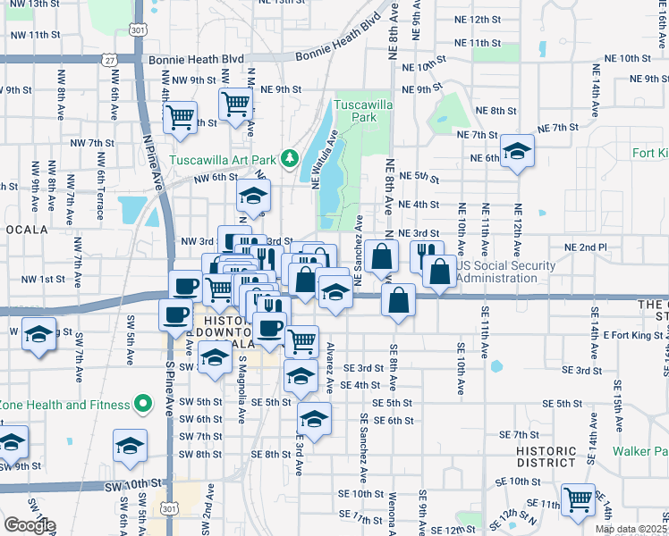 map of restaurants, bars, coffee shops, grocery stores, and more near 118 Northeast Tuscawilla Avenue in Ocala