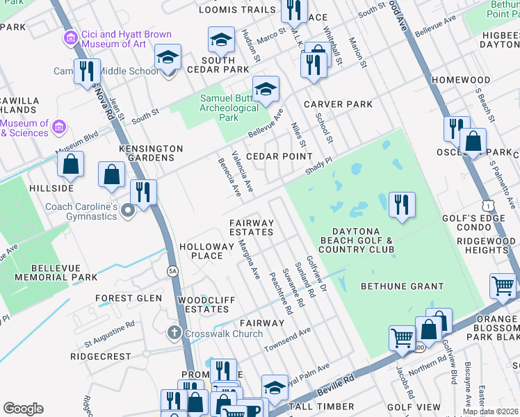 map of restaurants, bars, coffee shops, grocery stores, and more near 800 Iron Horse Road in Daytona Beach