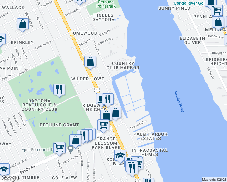 map of restaurants, bars, coffee shops, grocery stores, and more near 1301 South Palmetto Avenue in Daytona Beach