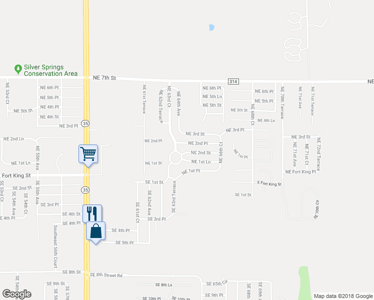 map of restaurants, bars, coffee shops, grocery stores, and more near 6433 Northeast 2nd Street in Ocala