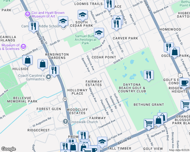 map of restaurants, bars, coffee shops, grocery stores, and more near 800 Iron Horse Road in Daytona Beach
