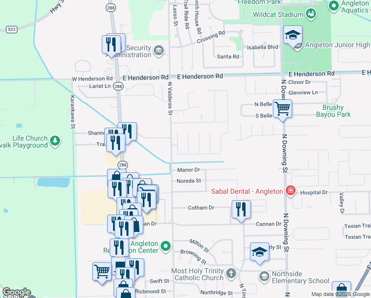 map of restaurants, bars, coffee shops, grocery stores, and more near 16 Piney Way in Angleton
