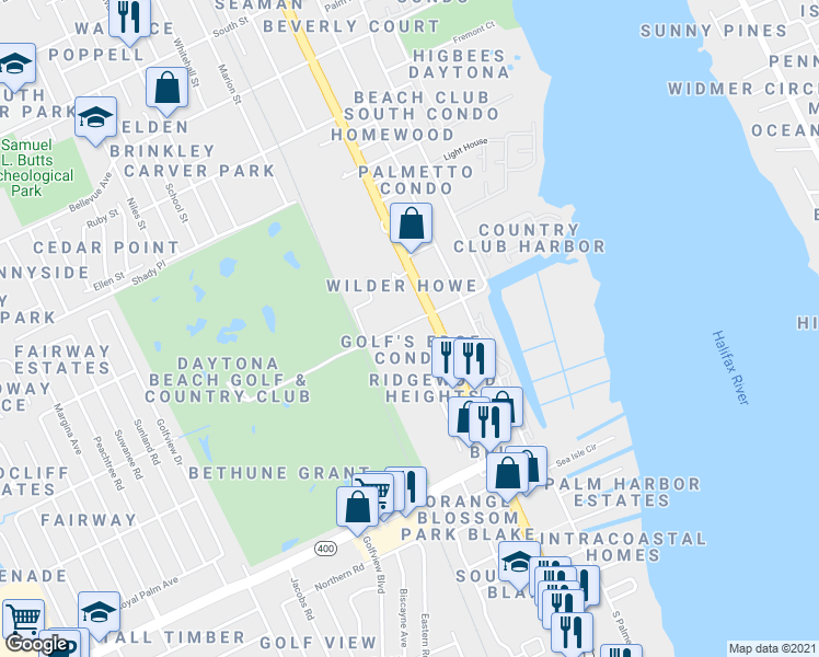 map of restaurants, bars, coffee shops, grocery stores, and more near 329 Wilder Boulevard in Daytona Beach