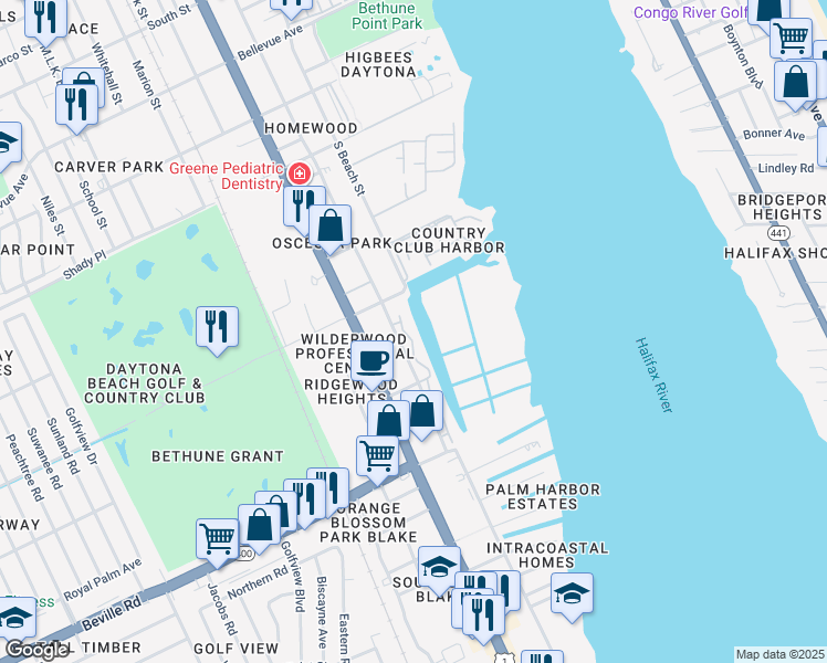 map of restaurants, bars, coffee shops, grocery stores, and more near 1301 South Palmetto Avenue in Daytona Beach
