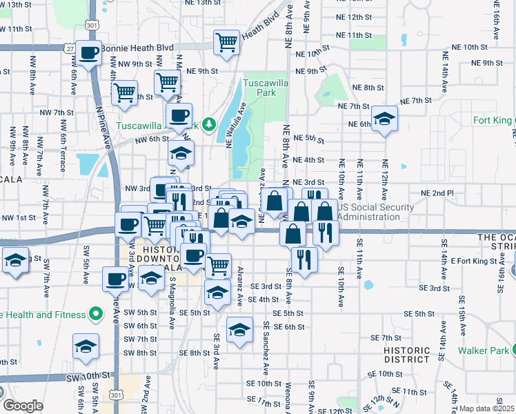 map of restaurants, bars, coffee shops, grocery stores, and more near 120 Northeast Sanchez Avenue in Ocala
