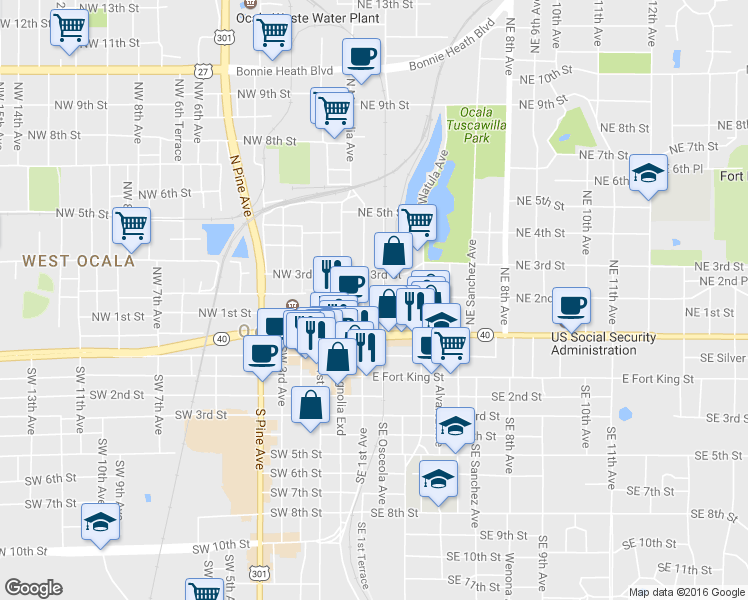 map of restaurants, bars, coffee shops, grocery stores, and more near 125 Northeast 1st Avenue in Ocala