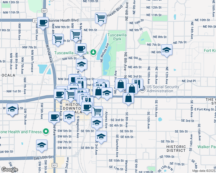 map of restaurants, bars, coffee shops, grocery stores, and more near 118 Northeast Tuscawilla Avenue in Ocala