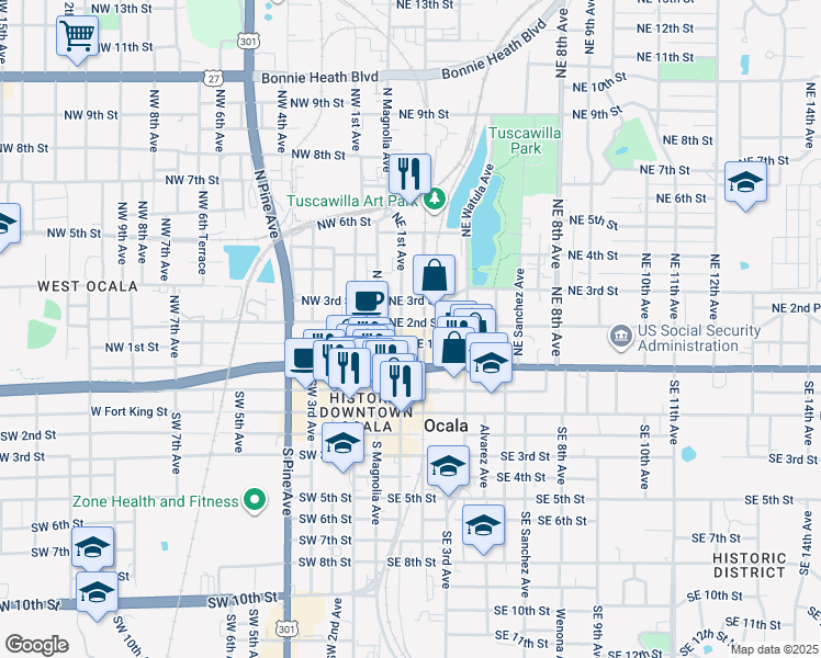 map of restaurants, bars, coffee shops, grocery stores, and more near 125 Northeast 1st Avenue in Ocala