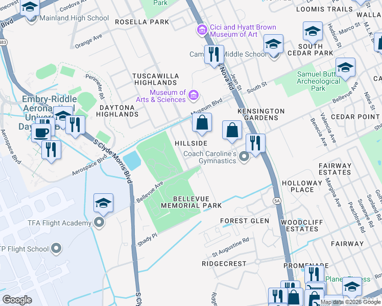 map of restaurants, bars, coffee shops, grocery stores, and more near 768 Terrace Avenue in Daytona Beach